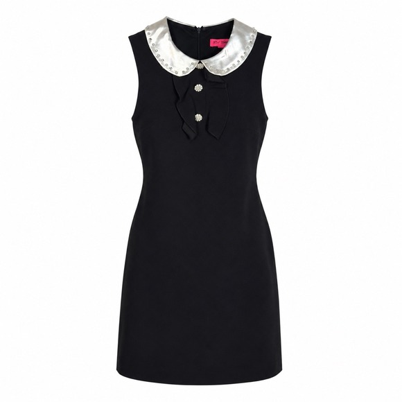 Betsey Johnson Dresses & Skirts - Betsey Johnson Shift Dress 10 Black Silver Rhinestone Collar Mod Retro Preppy